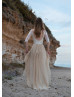 Ivory Lace Nude Tulle Open Back Chic Boho Wedding Dress